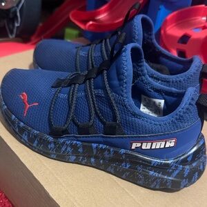 Puma Kids Blue Sneakers with Red Logo Accent